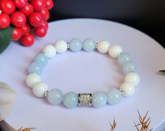 Natural AQUAMARINE BRACELET, Gemstone Bracelet, Beaded Aquamarine Jewelry, White Jade, Aqua Blue Crystal, Light Blue and White Gift for Wife