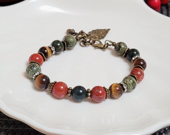 Fall Gemstone Bracelet, Multi Stone Bronze Bracelet, Jasper Tiger Eye Serpentine, Fall Jewelry, Green and Red Bracelet, Gift for Wife Friend
