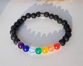 7 Chakra Bracelet, Rainbow Beaded Lava Stone Bracelet, Chakra Jewelry, Yoga Meditation, Crystal Bracelet, Healing Crystals Rainbow Colorful