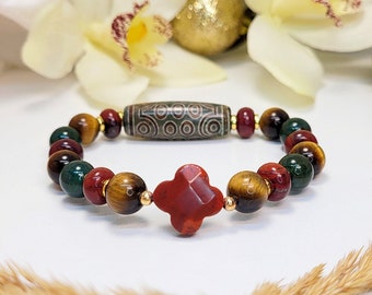 Tibetan Dzi 21 Eyes Gemstone Bracelet, Red Jasper Clover, Colorful Fall Jewelry, Tiger Eye, Feng Shui Amulet for Luck, Success, Protection