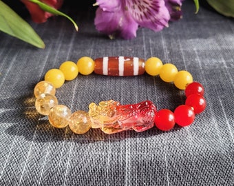 Feng Shui Pixiu and Three Stripes Dzi Bracelet, Ombre Red & Yellow Pi Yao Chinese Dragon Bracelet, Prosperity Wealth Luck Protection Amulet