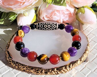 Tibetan Dzi 21-Eye Bracelet, Gemstone Bracelet, Feng Shui Amulet, Tiger's Eye, Amethyst, Tourmaline, Protection Bracelet, Powerful Talisman