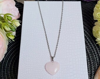 Rose Quartz Gemstone Heart Necklace, Love Necklace, Stainless Steel Chain & Pink Heart Pendant, Heart Crystal Necklace Gift for Mom Wife Her