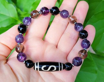 TIBETAN DZI S Money Hook Bracelet, Amethyst, Smoky Quartz, Tourmaline, Feng Shui Amulet, Purple Brown, Prosperity, Good Luck, Money Bracelet