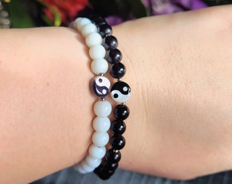 Yin Yang Couples Bracelets Set, Black White Yin Yang Jewelry, Beaded Matching Two Set Gemstone Bracelets, Lovers Couples Jewelry Gift Gf Bf