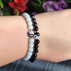 Yin Yang Couples Bracelets Set, Black White Yin Yang Jewelry, Beaded Matching Two Set Gemstone Bracelets, Lovers Couples Jewelry Gift Gf Bf