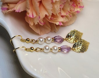 Lavender Amethyst Pearl Earrings, Dangle Shell Pearl Gold Leaf Earring, Dainty Purple and White Beaded Drop Gemstone Earrings, Gift for Wife