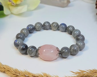 Labradorite and Rose Quartz Bracelet, Blue Flashy Labradorite Jewelry, Gray and Pink, Iridescent Stone, Labradorite Beads, Love Gift for Her