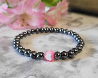 Hematite Bracelet, Stacking Gemstone Bracelet, 6mm Beaded Hematite Jewelry, Unisex Silver Hematite Heart Charm Bracelet Gray Healing Crystal