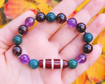 Tibetan Striped Dzi Gemstone Bracelet, Garnet Bloodstone Amethyst, Three Stripes Dzi, Feng Shui Amulet Purple Green Red, February Birthstone