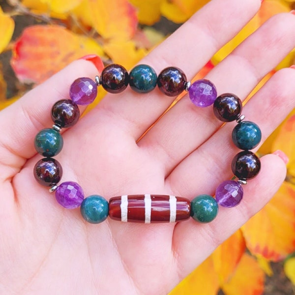 Tibetan Striped Dzi Gemstone Bracelet, Garnet Bloodstone Amethyst, Three Stripes Dzi, Feng Shui Amulet Purple Green Red, February Birthstone