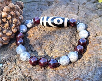 Tibetan Agate 2 Eyes Dzi Bracelet for Men Women, 2 Eyed Dzi Bead, Love Gift, Garnet Jewelry, Map Jasper, Red and Gray, Feng Shui Bracelet