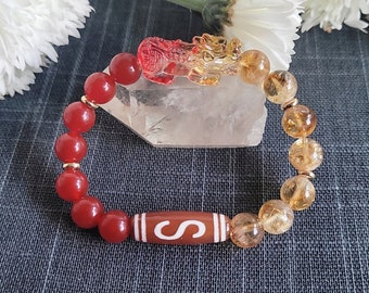 Feng Shui Pixiu and Money Hook Dzi Bracelet, Ombre Red Yellow Pi Yao Chinese Dragon Bracelet, Prosperity Wealth Luck Protection Amulet Gift