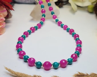 Cotton Candy Choker Necklace, Mashan Jade Magenta Turquoise Colored Necklace, Pink and Green, Colorful Jewelry for Teen, Birthday Gift Girl