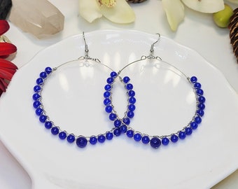 Blue Chalcedony Hoop Earrings, Dark Blue Wire Wrapped Gemstone Earrings, Large Stainless Steel Hoops, Beaded Blue Silver Hoops, Gift for Her