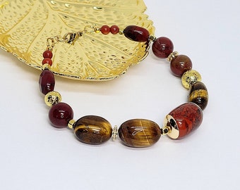 Red Jasper Bracelet, Tiger's Eye Bracelet for Women, Red Jasper Jewelry, Red Golden Brown, Good Luck Wealth Abundance, Gift for Wife Grandma