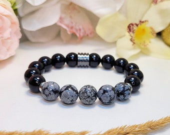 Snowflake Obsidian & Black Onyx Bracelet Men Women, Obsidian Jewelry, Black and Gray Gemstone Bracelet, Protection Gift for Husband Him Her