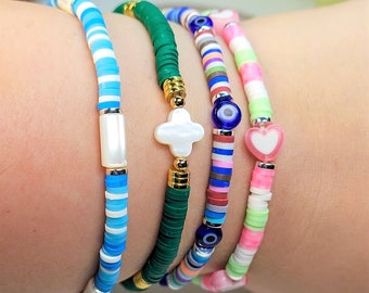 Heishi Bracelets, Polymer Clay Bracelets, Heishi Beaded Discs Bracelet, Flat Bead Bracelets, Heishi Jewelry, Evil Eye Clover Heart Charms
