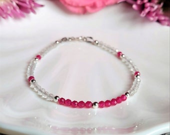 NATURAL Dainty Topaz and Ruby Bracelet, Delicate Gemstones, Clear Topaz, Ruby Jewelry, Beaded Crystal Bracelet, 925 Sterling Silver Gift Her