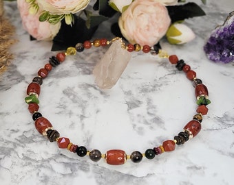 Memory Wire Gemstone Choker Necklace, Red Jasper Necklace, Multi Stone Gold Beaded Wire Necklace, Boho Memory Wire Jewelry, Red Brown Gold