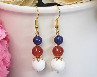 Patriotic Earrings, Red White and Blue, 4th of July Jewelry, Memorial Day, Independence Day, USA Flag, Gemstone Earrings, Gift for a Friend