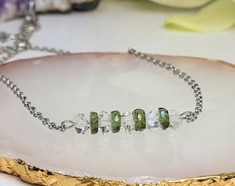 Dainty Moldavite and Herkimer Diamond Bead Bar Necklace, Genuine Moldavite, Olive Green Crystal Necklace, Herkimer Jewelry, Mixed Crystal