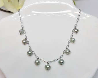 Green Pearl Necklace, Freshwater Pearl Dainty Chain Necklace, Pearl Jewelry, Pearl Necklace, Steel Chain, Wedding Jewelry, Bridesmaid gift