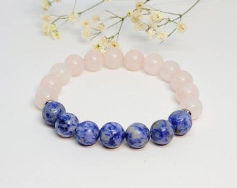 SODALITE Rose QUARTZ Gemstone Bracelet Women, Blue Pink Beaded Jewelry, Blue Stone Bracelet, Love Crystal Bracelet, Self Love Gift for Her