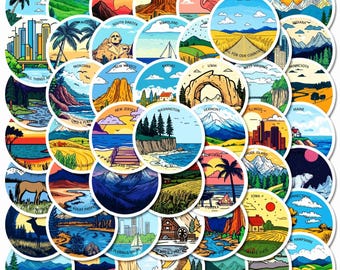 50 States USA Sticker Set Round Glossy, US Travel Stickers with State Names & Mottos, Geography Learning, Scrapbooking, Journals, Kids