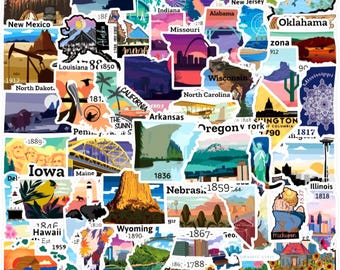 50 USA States Sticker Set Matte, State Shaped US Stickers with Founding Dates & Landmarks,  Geography, History Learning for Kids, Travel