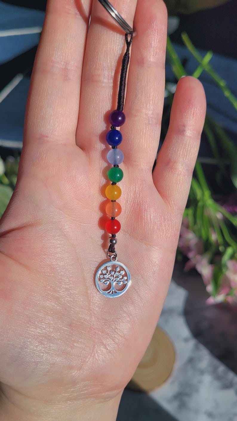 7 Chakra GEMSTONE KEYCHAIN, Tree of Life Charm, Multicolor Crystal Key