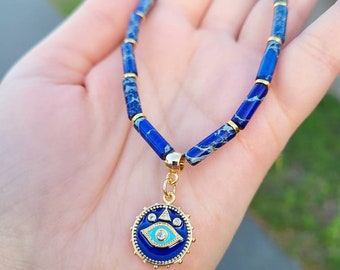 Blue Evil Eye Necklace, Blue Imperial Jasper, Turkish Evil Eye, Jasper Jewelry, Blue & Gold, Navy Blue Pendant Necklace, Protection Amulet