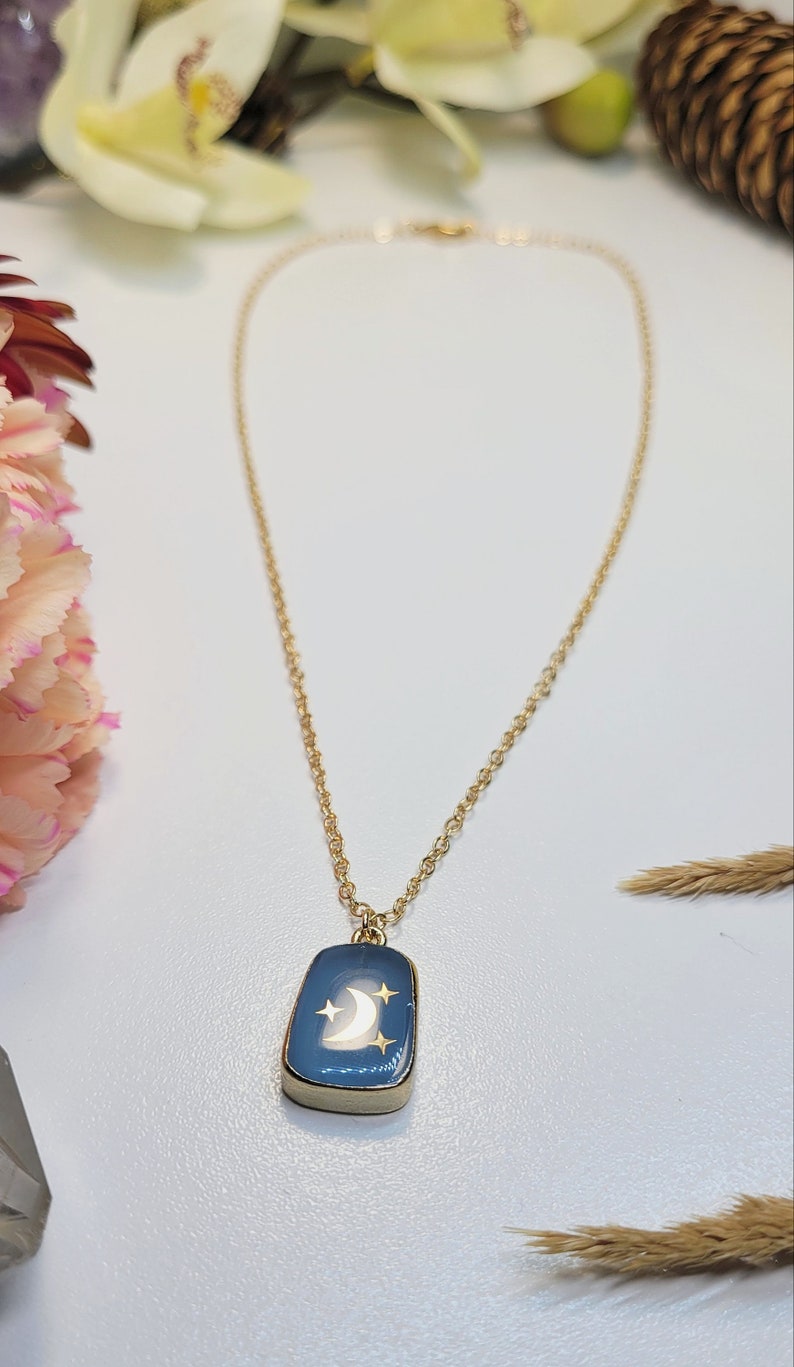 Moon and Star Pendant Necklace, Gold Crescent Moon and Stars Dainty Necklace, Celestial Jewelry, Lunar Jewelry, Half Moon Charm Gift for Her image 7