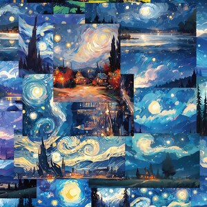 May include: A patchwork of impressionistic landscape paintings in shades of blue, yellow, and white. The artwork depicts starry nights, houses, and natural scenes. The style is reminiscent of Van Gogh's work, with swirling brushstrokes and vibrant colors.
