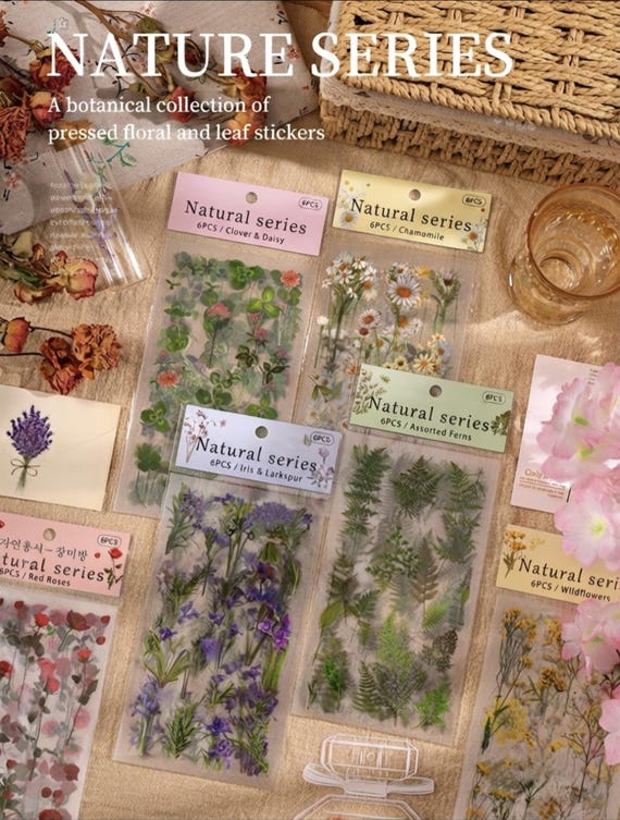 Nature Series PET Floral Clear Stickers Set of 6 Sheets, Pressed Flower Look, Dried Flower Botanical Decals for Scrapbooking & Journaling