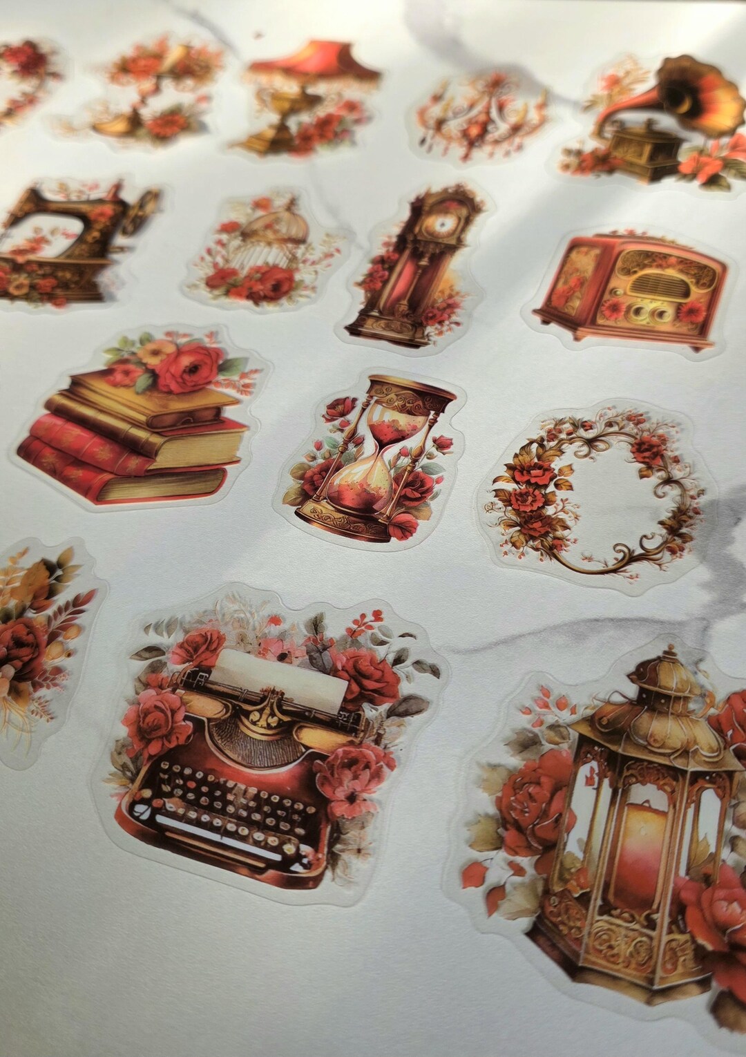 20 Victorian Red Transparent Stickers, Antique Floral Art Objects ...