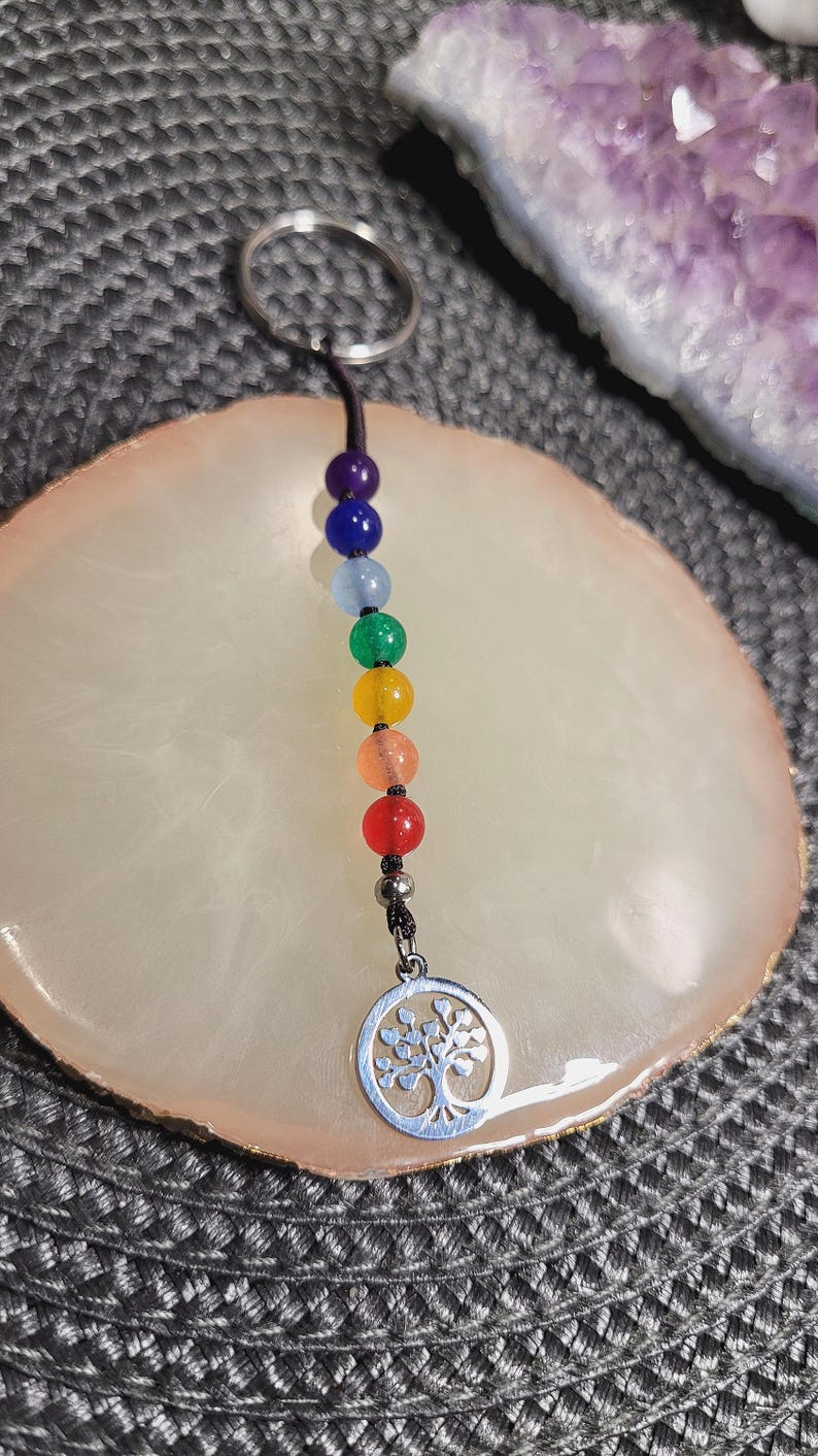 7 Chakra GEMSTONE KEYCHAIN, Tree of Life Charm, Multicolor Crystal Key
