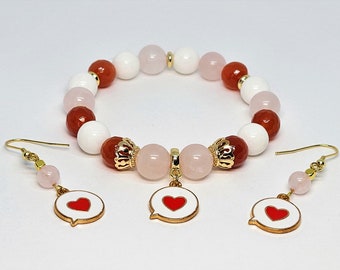 Valentines Day Jewelry Set, Love Gemstone Bracelet, Rose Quartz Earrings, Heart Charms, Quartz Jewelry Pink and Red Love Gift for Girlfriend