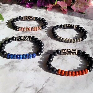 Tibetan Dzi Gemstone Bracelet, Men Black Onyx Jewelry, Feng Shui Amulet, Dzi Bracelet, Money Hook Dzi 2 Eyes 9 Eyes 21 Eyes, Boyfriend Gift
