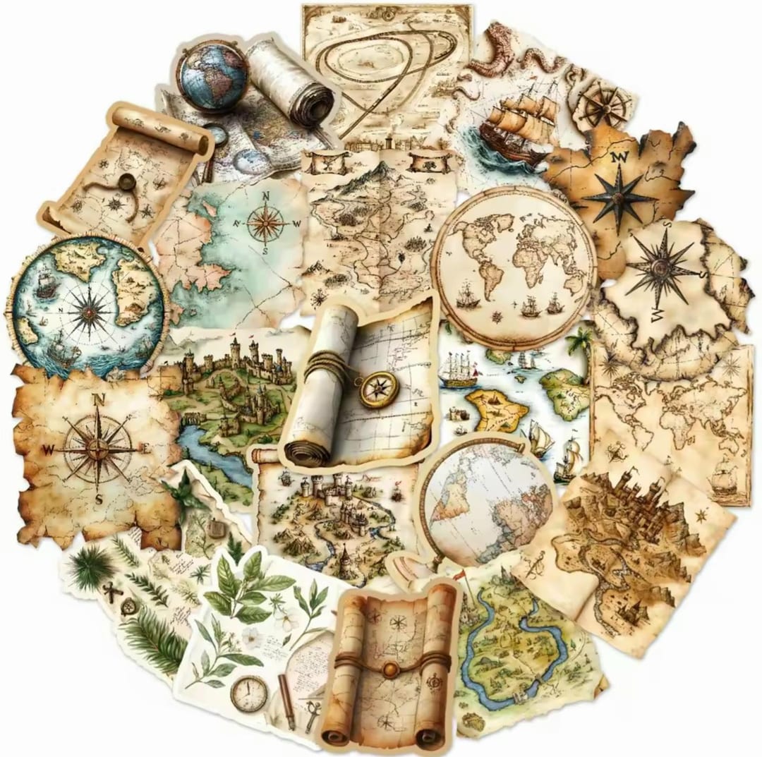 25 Vintage Map Stickers – Antique Treasure Map, Compass & Globe ...