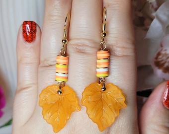 Maple Leaves Heishi Earrings, Fall Jewelry, Orange Autumn Earrings, Yellow Orange Gold Heishi Discs, Fall Dangle Earrings, Gift for Her Wife