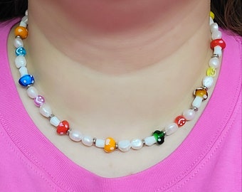 Mushroom and Freshwater Pearl Necklace Choker for Men Women, Men's Pearl Necklace Chain, Men's Mushroom Jewelry, Multicolored Beaded Choker