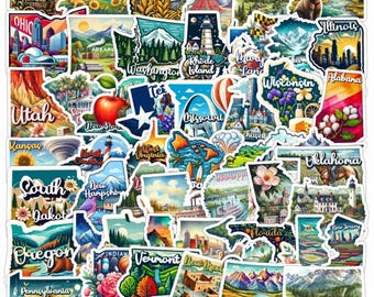 50 USA State Stickers, All 50 States Included, Vibrant State-Shaped with Names &Visual Icons, Planner Scrapbook Travel Journal Learning Tool