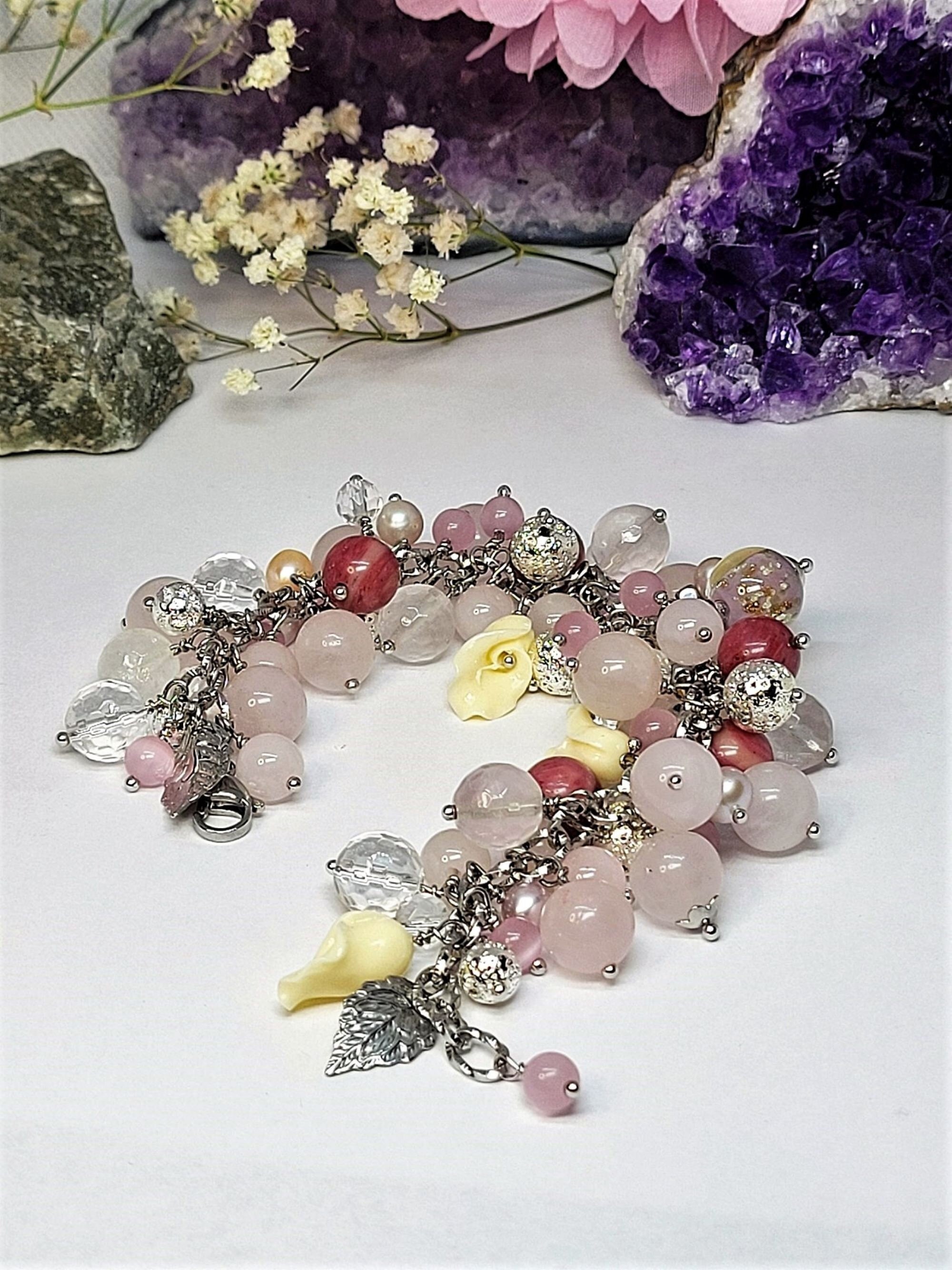 Chunky Pink Stone Bracelet Rose Quartz Rhodonite Cha Cha - Etsy