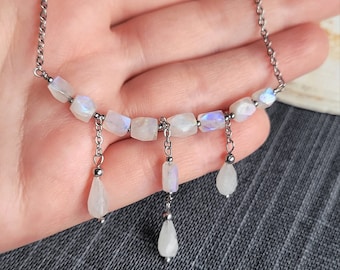 Moonstone Necklace, Moonstone Crystal Beaded Gem Bar Choker, Gemstone Necklace, Rainbow Moonstone, White and Silver, June Birthstone Gift