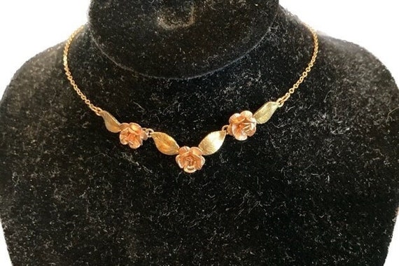 Krementz gold-filled rose/leaf matching set brace… - image 1