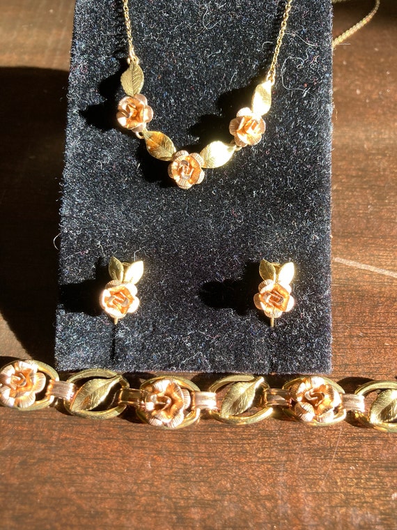 Krementz gold-filled rose/leaf matching set brace… - image 5