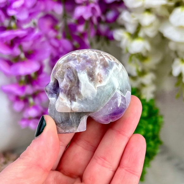 Chevron Amethyst Skulls | 2" Crystal Skull Carving | You Choose | Gems and Minerals | Third Eye Chakra | Crown Chakra | Pieces & Gemini