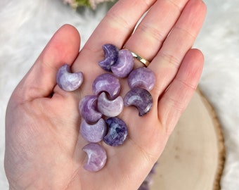 Mini Lepidolite Crescent Moon Carving | Mini Crystal Carving | Heart Chakra | Crown Chakra | Crystals for Anxiety | Polished Crystal Carving