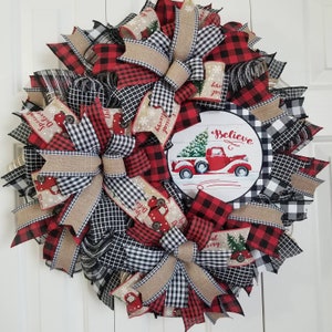 Red Truck Wreath, Deco Mesh Christmas Wreath, Buffalo Plaid Wreath, Farmhouse Christmas Wreath, Holiday Wreath, Country Christmas, Red Truck image 10